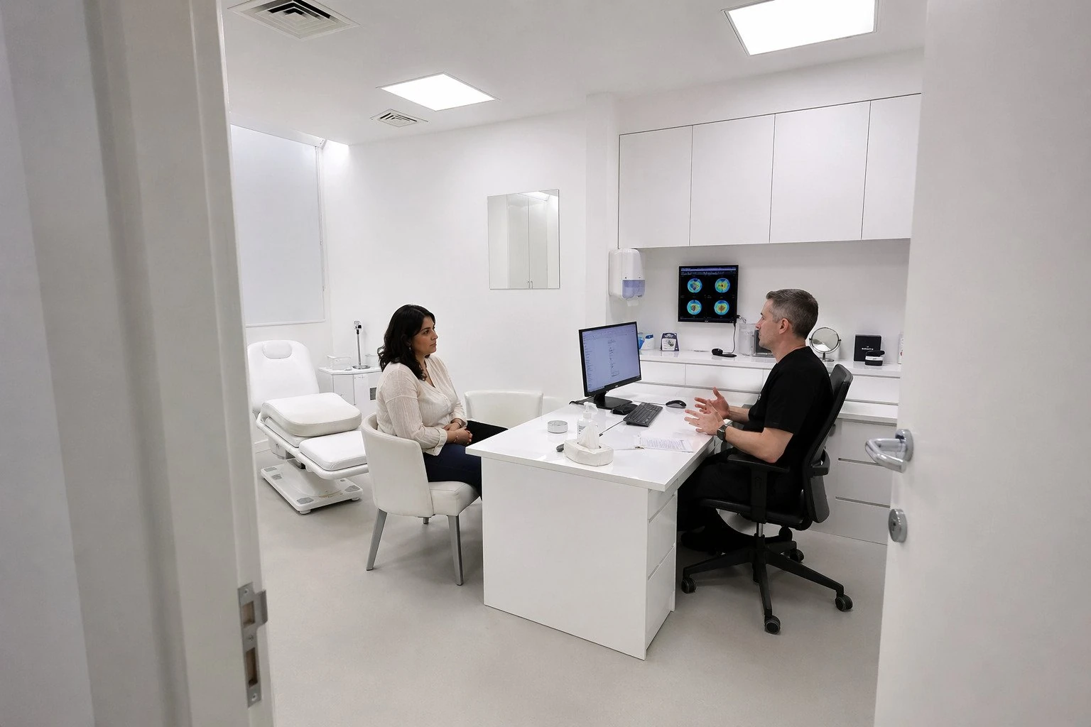 A patient seated across the desk from a clinician in a bright consultation room, with eye scans on the wall behind.