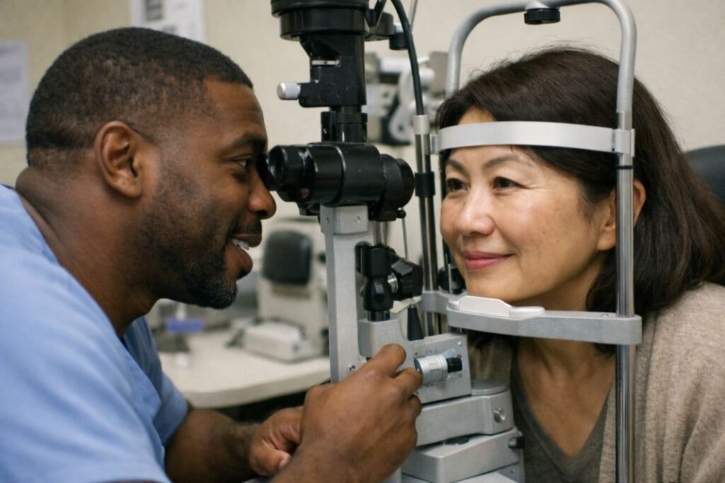 An illustrative image of a close up eye examination showing a specialist using a slit lamp while talking calmly to a patient