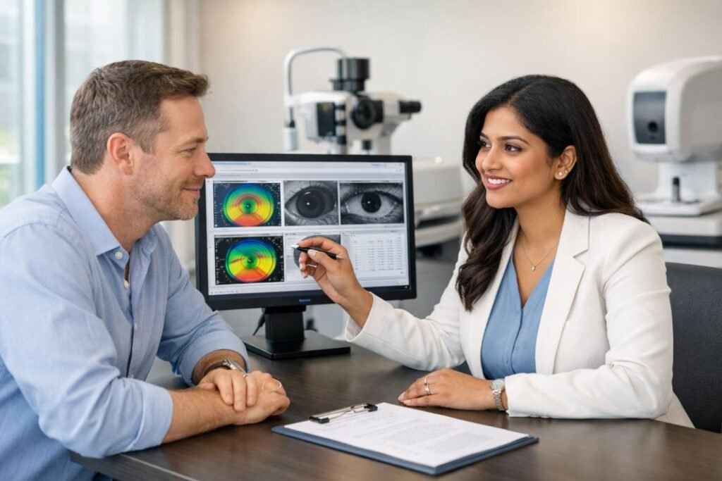An illustrative image of a consultant and a patient discussing laser eye surgery suitability