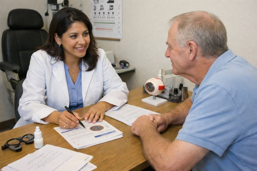 An illustrative image of a consultant ophthalmologist and a patient discussing treatment options
