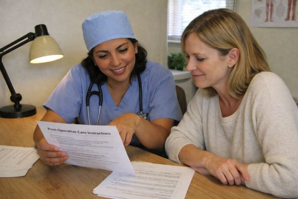 An illustrative image of a eye surgeon and patient reviewing post operative care instructions together at a desk
