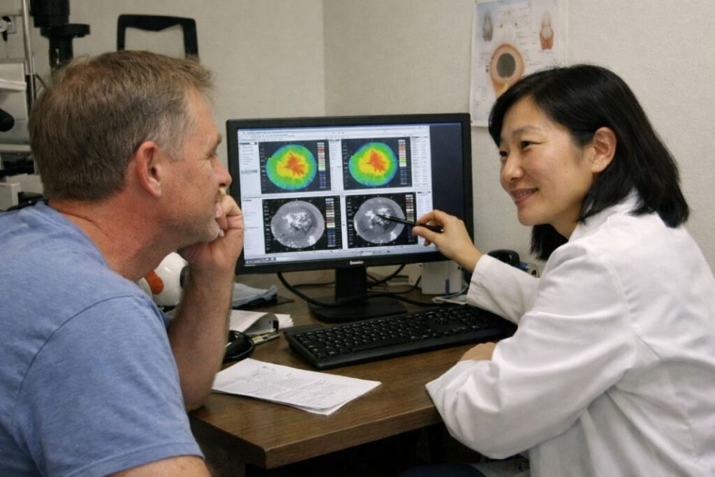 An illustrative image of a patient and doctor studying corneal scans on a monitor