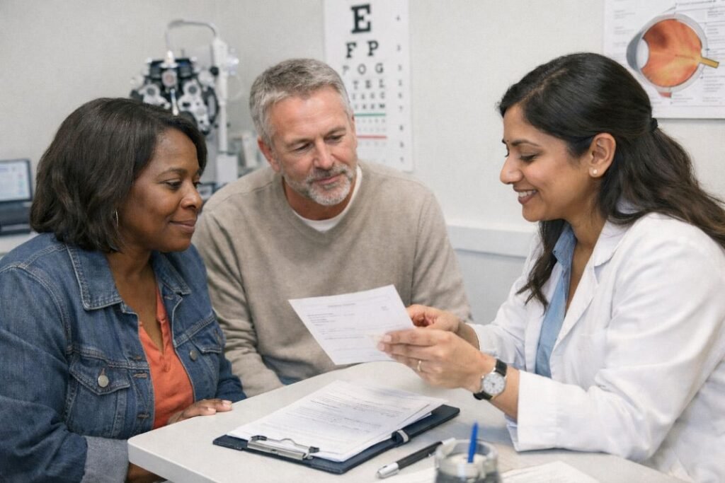An illustrative image of a patient and her husband and a consultant reviewing prescription forms together