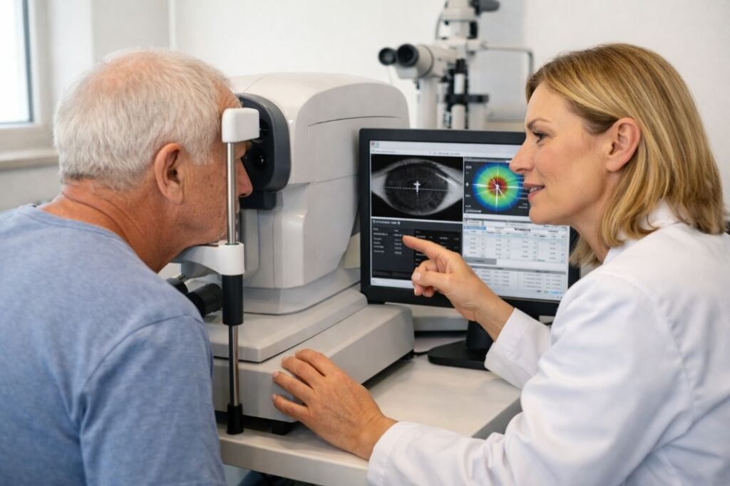 An illustrative image of a patient having detailed eye measurements taken in a bright clinic room before cataract surgery