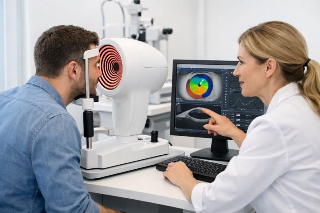 An illustrative image of a patient having detailed eye measurements taken in a clinic