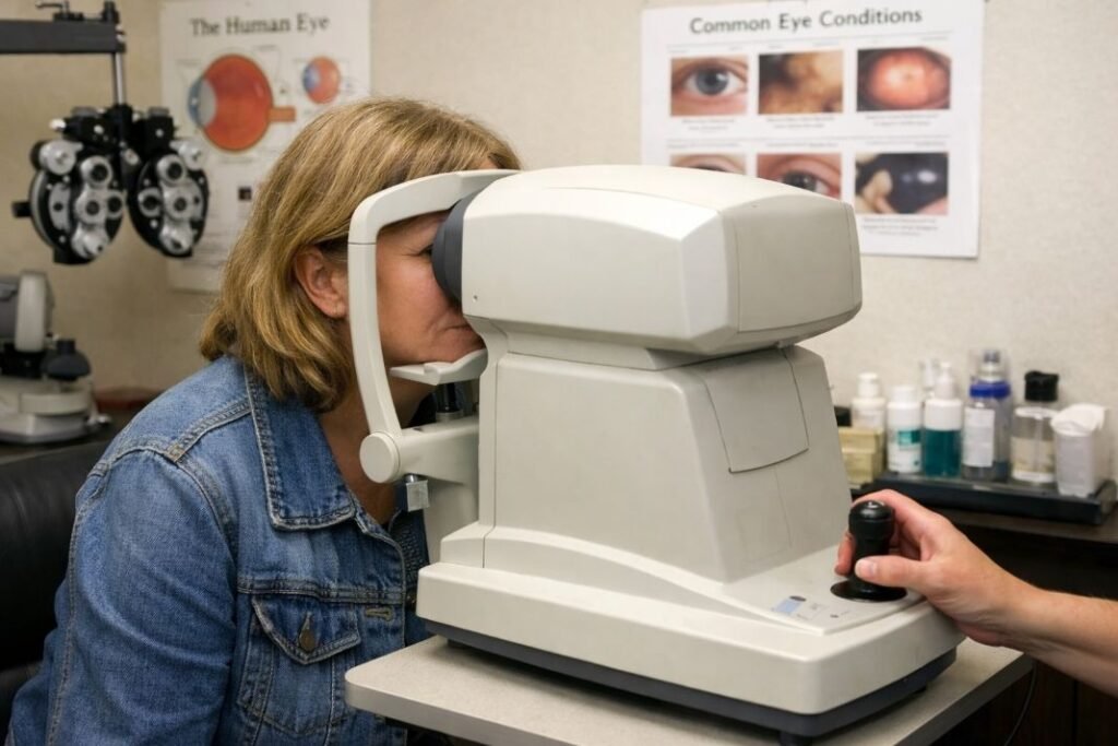 An illustrative image of a patient looking into an autorefractor machine in a typical optometrist’s exam room