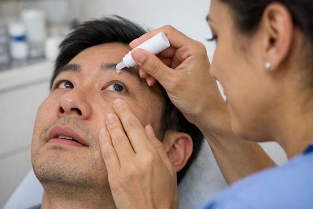 An illustrative image of a patient receiving anaesthetic eye drops under bright clinical lighting