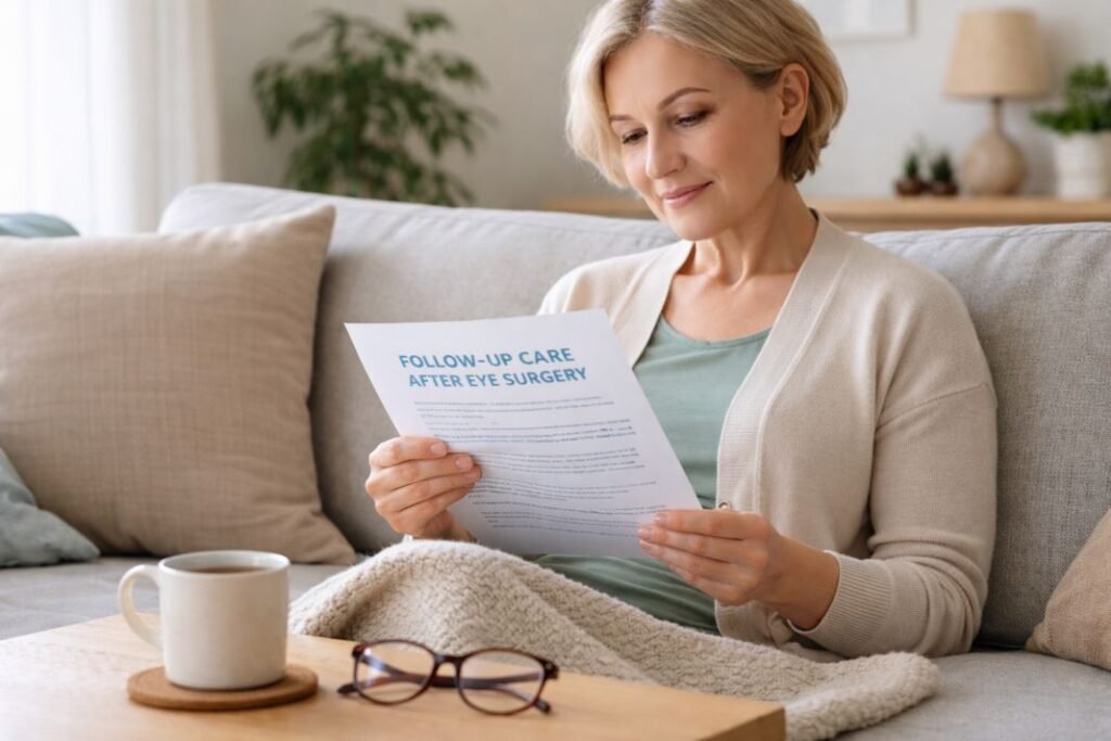 An illustrative image of a person sitting comfortably at home reading follow up care instructions after eye surgery