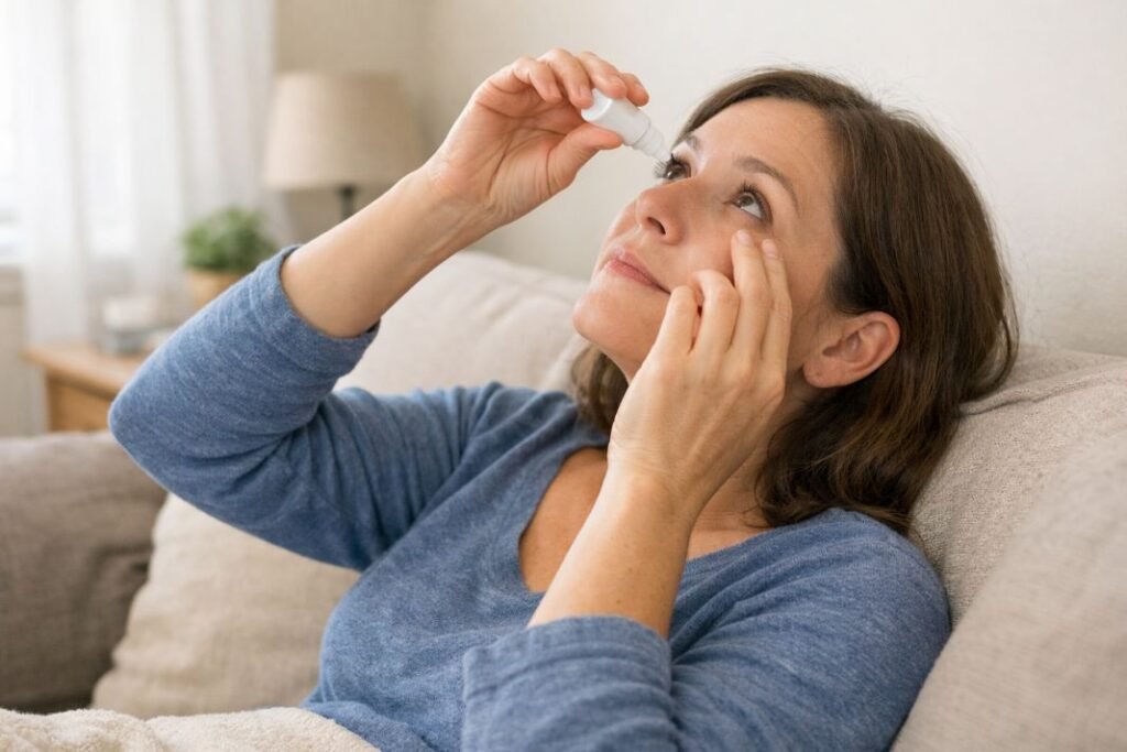 An illustrative image of a person sitting comfortably at home using lubricating eye drops