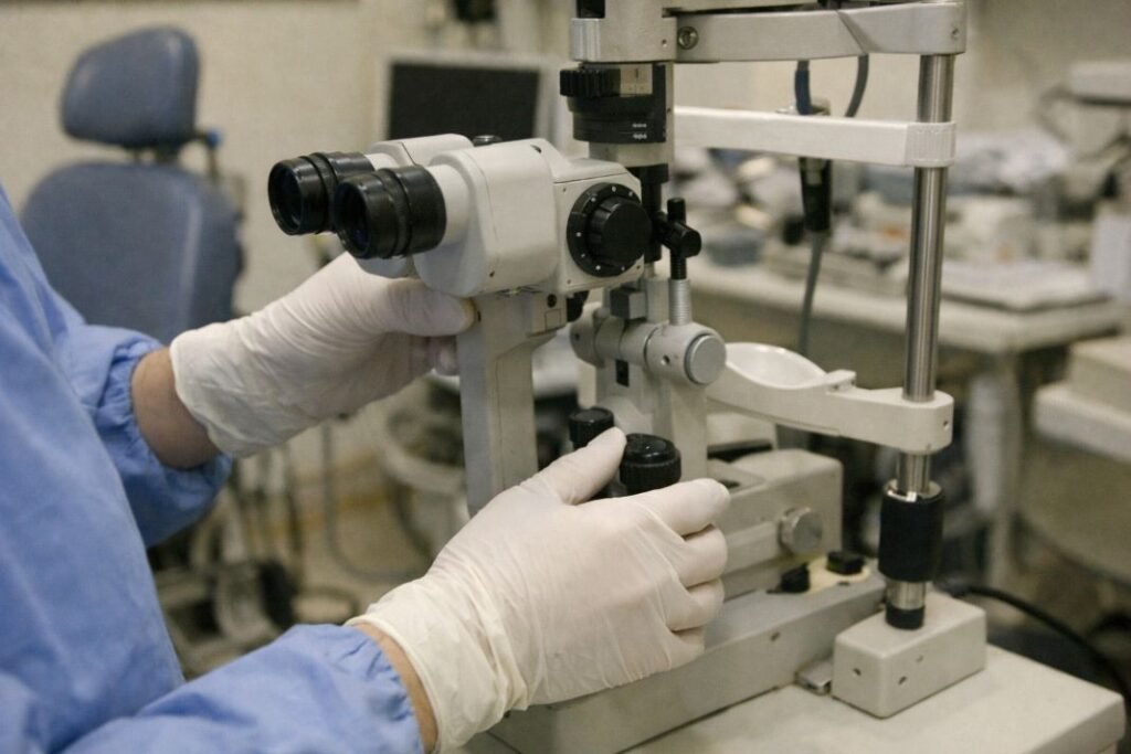 An illustrative image of a surgeon’s gloved hands adjusting medical equipment in an eye clinic