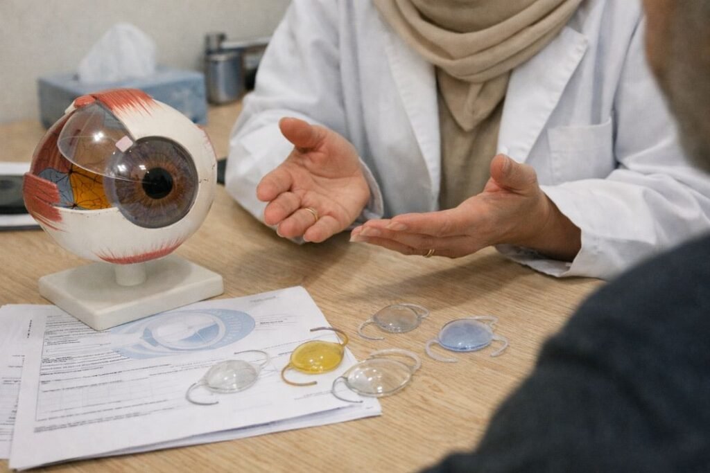 An illustrative image showing a close up view of an eye model and sample intraocular lenses laid out on a table