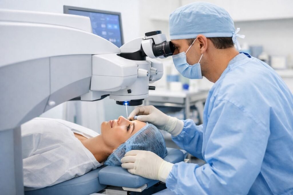 An illustrative side angle photo of laser eye surgery in progress in a clean bright clinic room