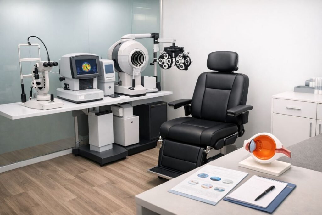 An illustrative image of a bright contemporary diagnostic room in an eye clinic with advanced ophthalmic testing equipment