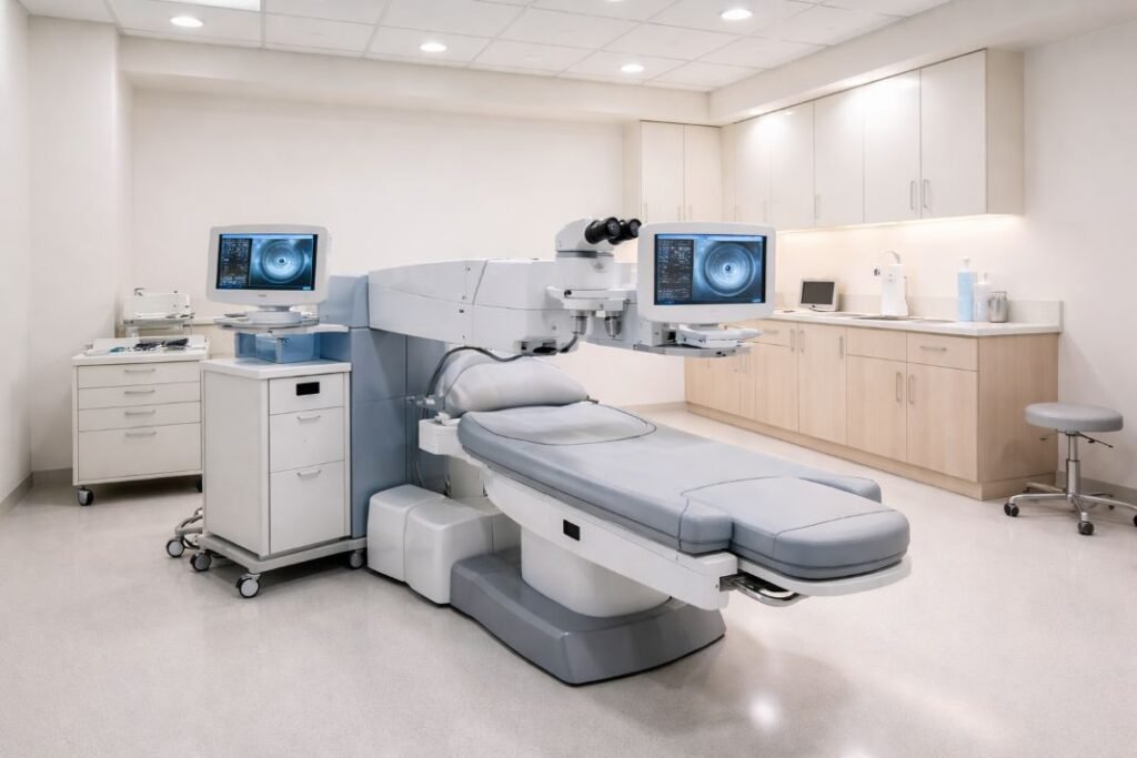 An illustrative image of a bright modern LASIK treatment room with advanced laser equipment prepared for surgery