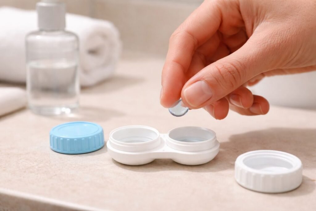 An illustrative image of a close up showing a pair of hands inserting a rigid gas permeable contact lens