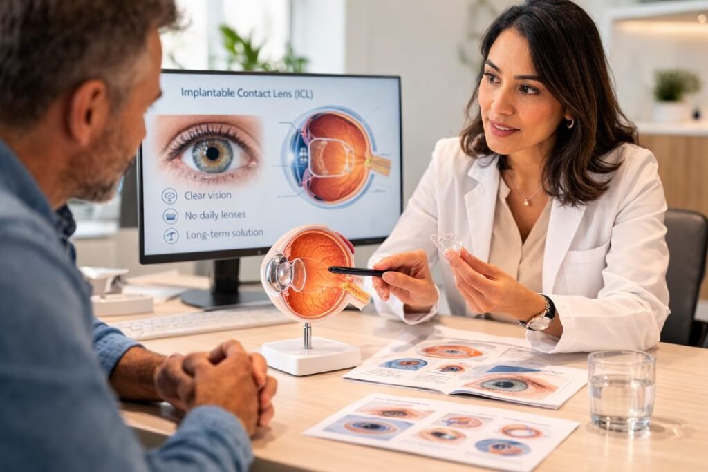 An illustrative image of a consultant ophthalmologist explaining implantable contact lens treatment