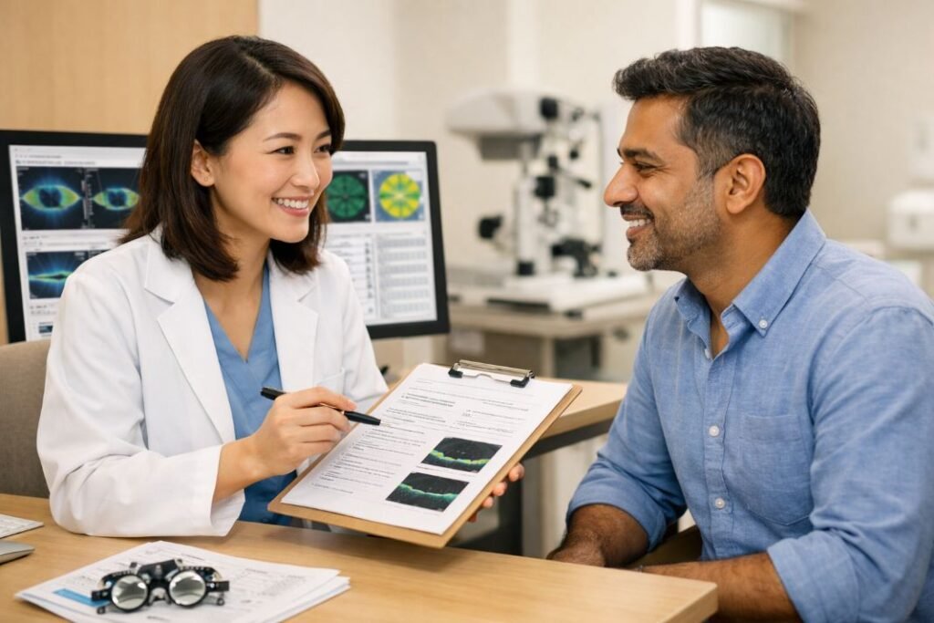 An illustrative image of a consultation discussing eye scan results