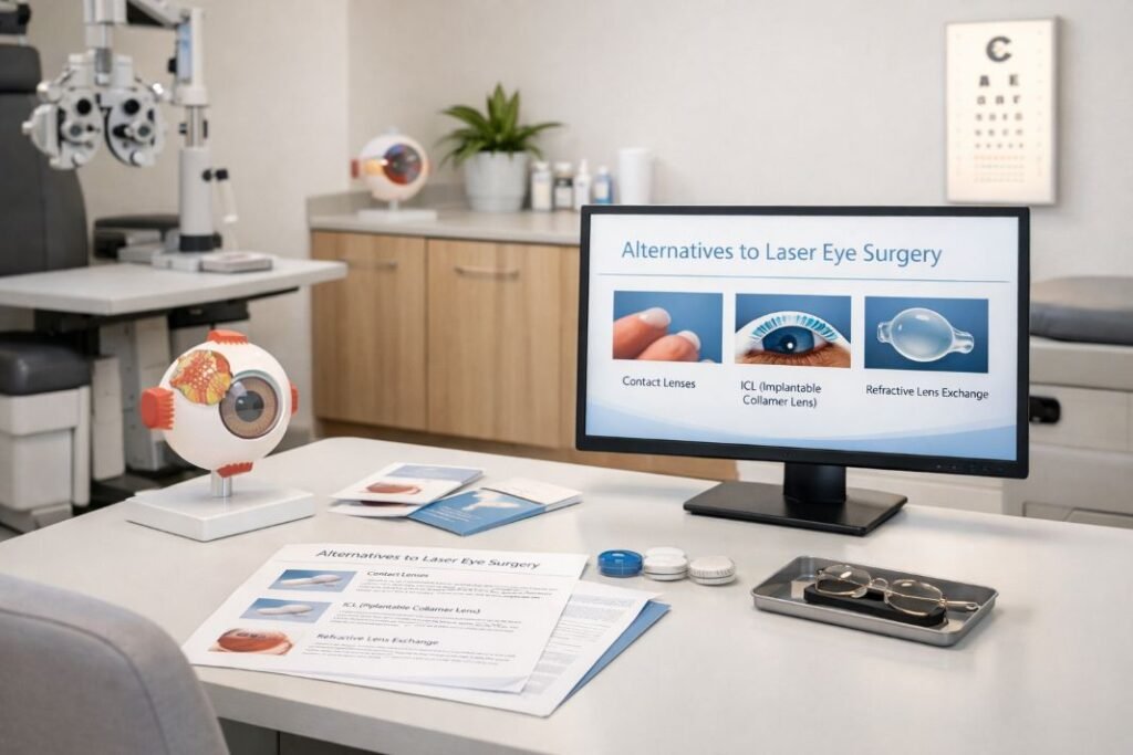 An illustrative image of a contemporary eye clinic consultation room
