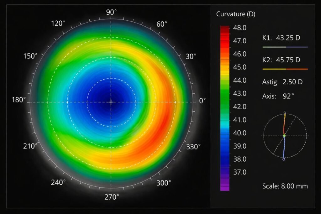 An illustrative image of a corneal topography scan essex
