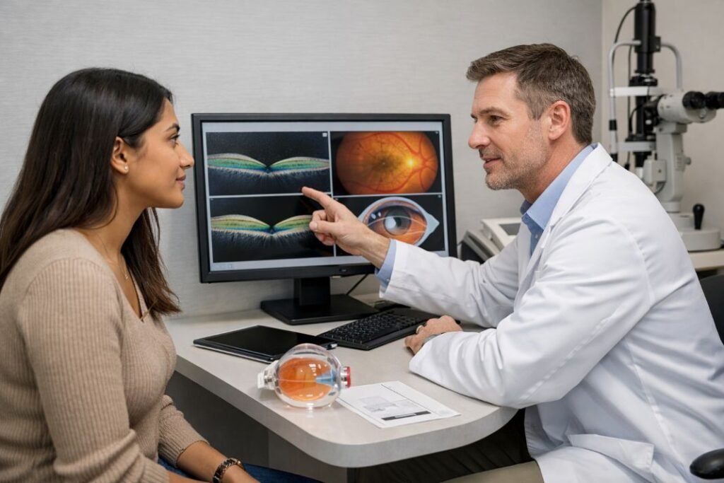 An illustrative image of a patient and consultant discussing whether an implantable contact lens is suitable
