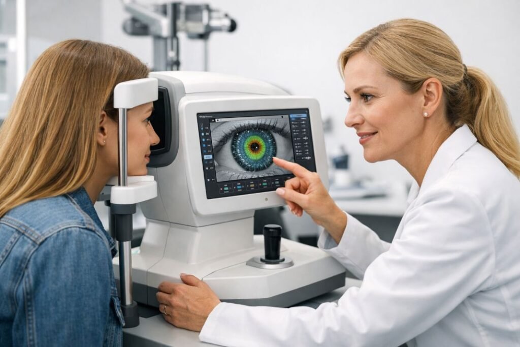 An illustrative image of a patient having detailed eye measurements taken with advanced diagnostic equipment i