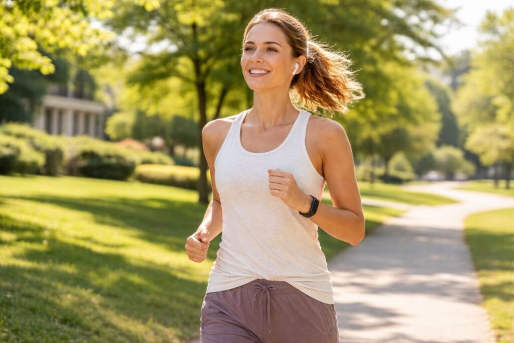 An illustrative image of a person enjoying an outdoor walk or light jog in a bright park or residential setting without glasses