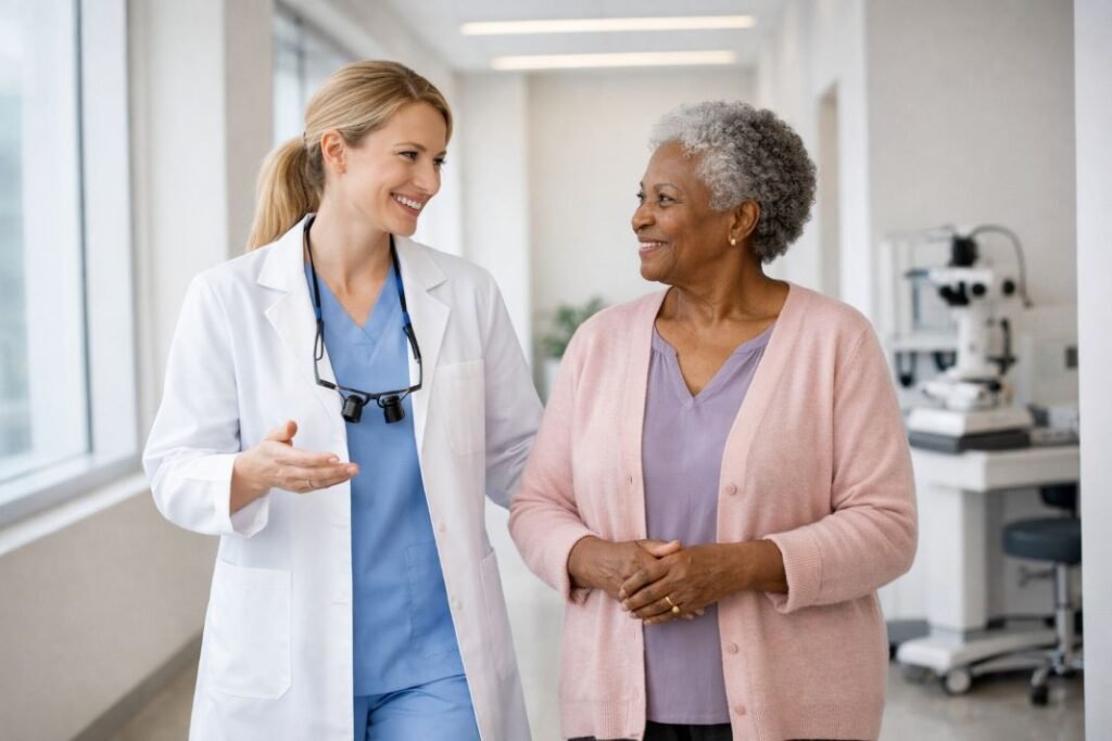An illustrative image of a surgeon walking through a bright contemporary clinic