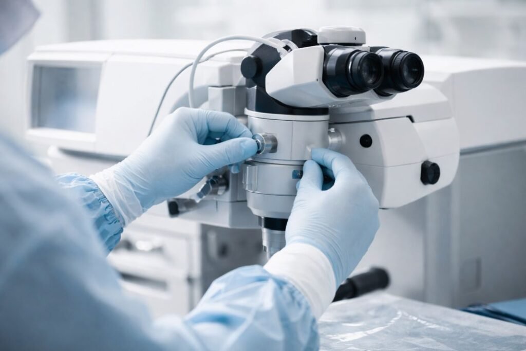 An illustrative image of a surgeon’s gloved hands carefully adjusting ophthalmic equipment