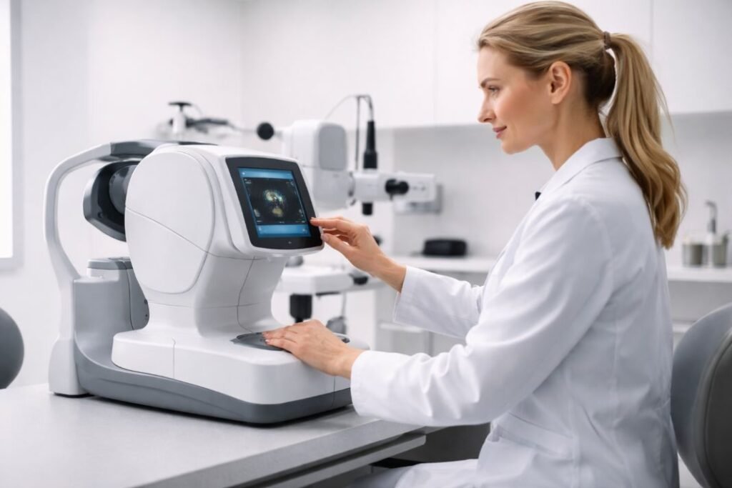 An illustrative image of advanced ophthalmic diagnostic equipment in a clinic room