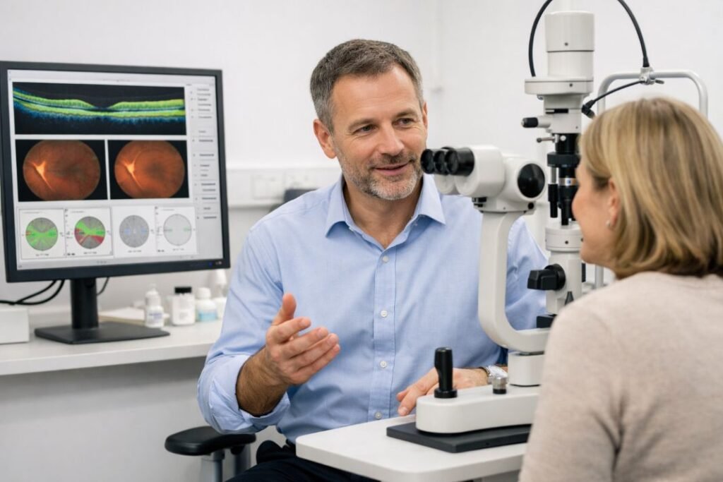 An illustrative image of an ophthalmologist in conversation with a patient during an eye examination
