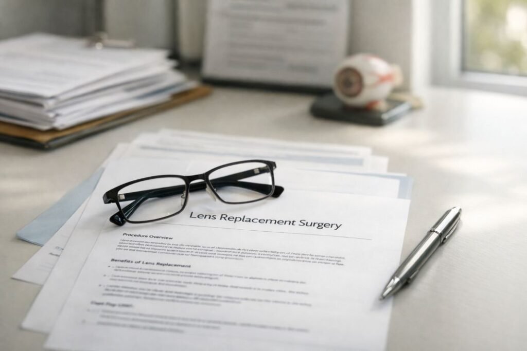 An illustrative image of reading glasses resting on top of clinic paperwork about lens replacement surgery
