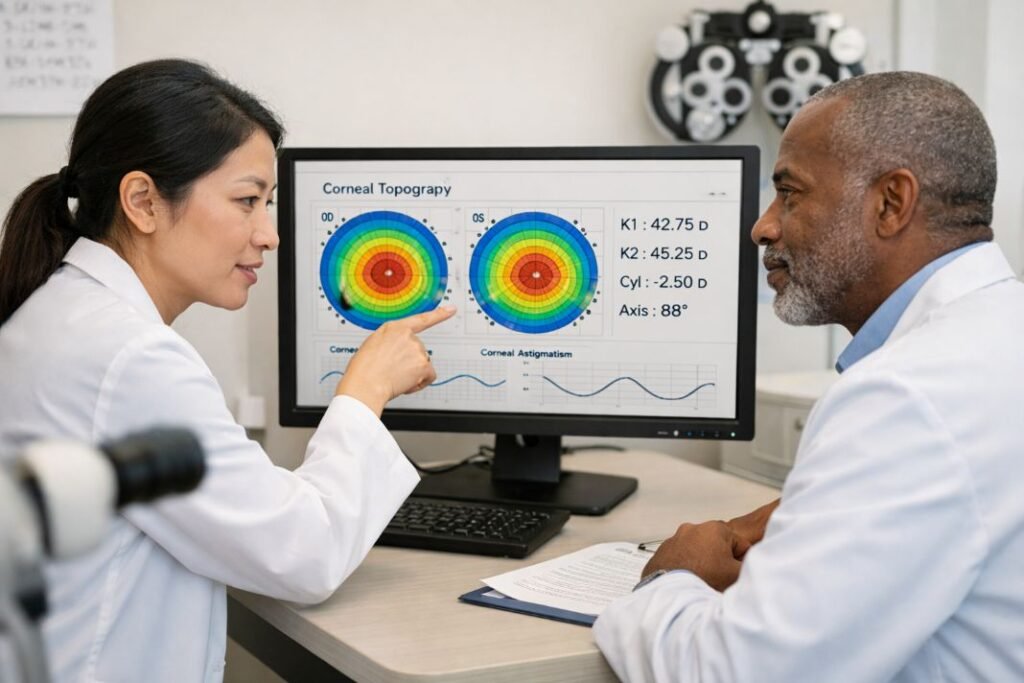 An illustrative image of two optometrists reviewing astigmatism related eye test data