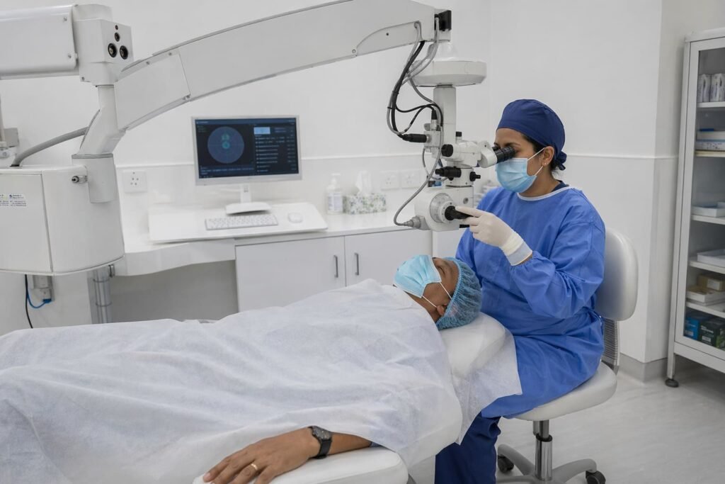 Lens Replacement Patient Preparation In Chair - illustrative Image