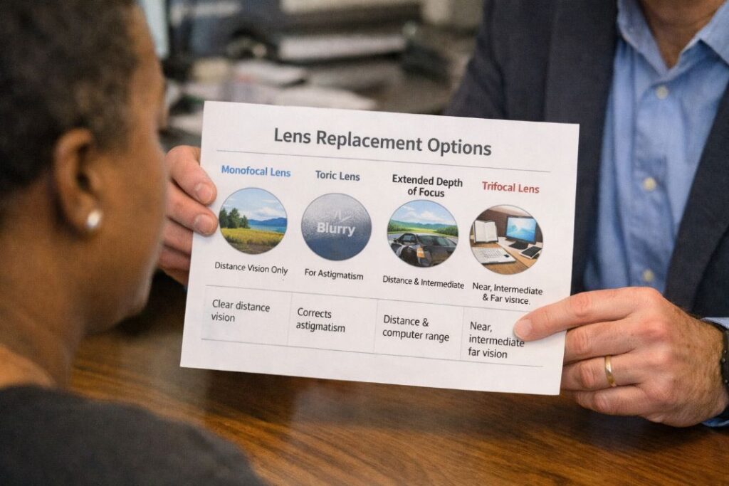An illustrative image of a close up of a consultant’s hands holding a chart showing lens replacement options