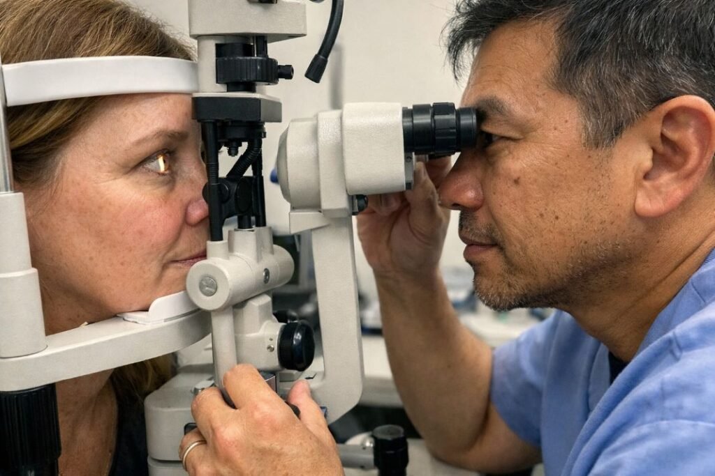 An illustrative image of a close up of an eye examination being performed showing the patient’s profile
