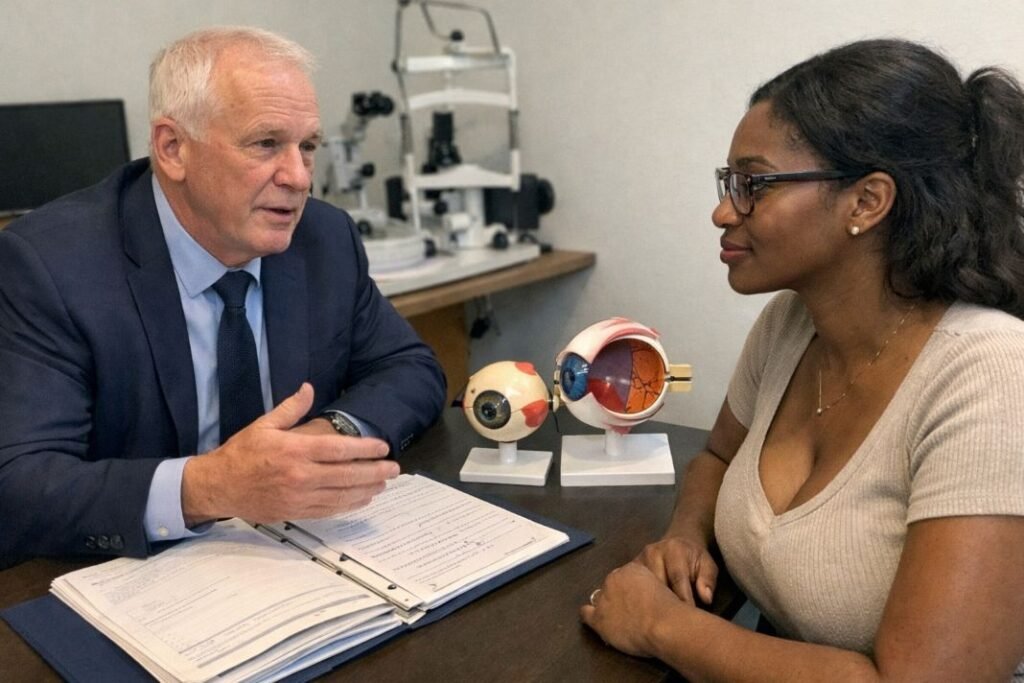 An illustrative image of a consultant ophthalmologist speaking with a patient