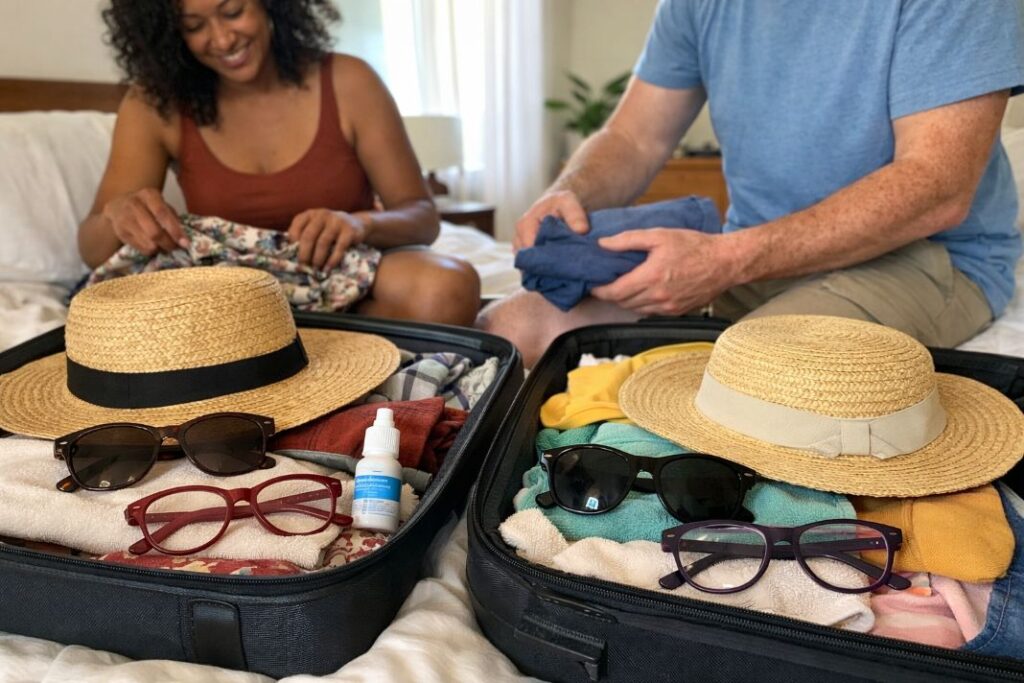 An illustrative image of a couple packing for a summer holiday sunglasses sunhats prescription glasses