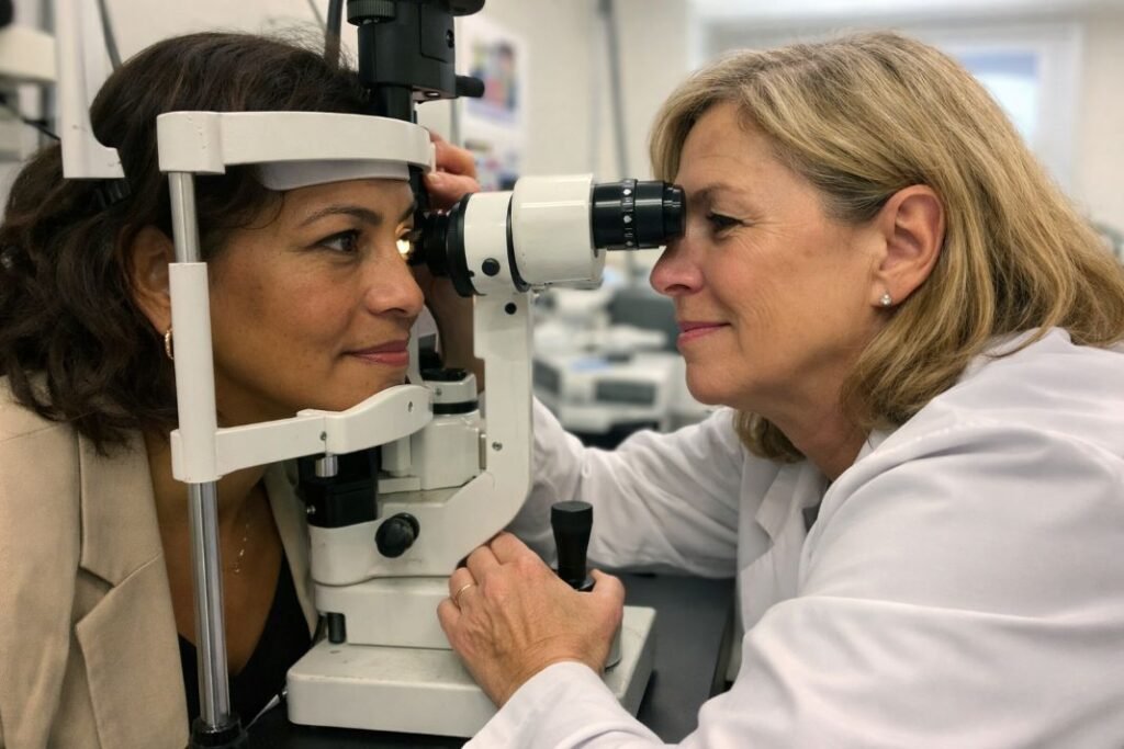 An illustrative image of a eye consultant examining a patient’s eyes with a slit lamp