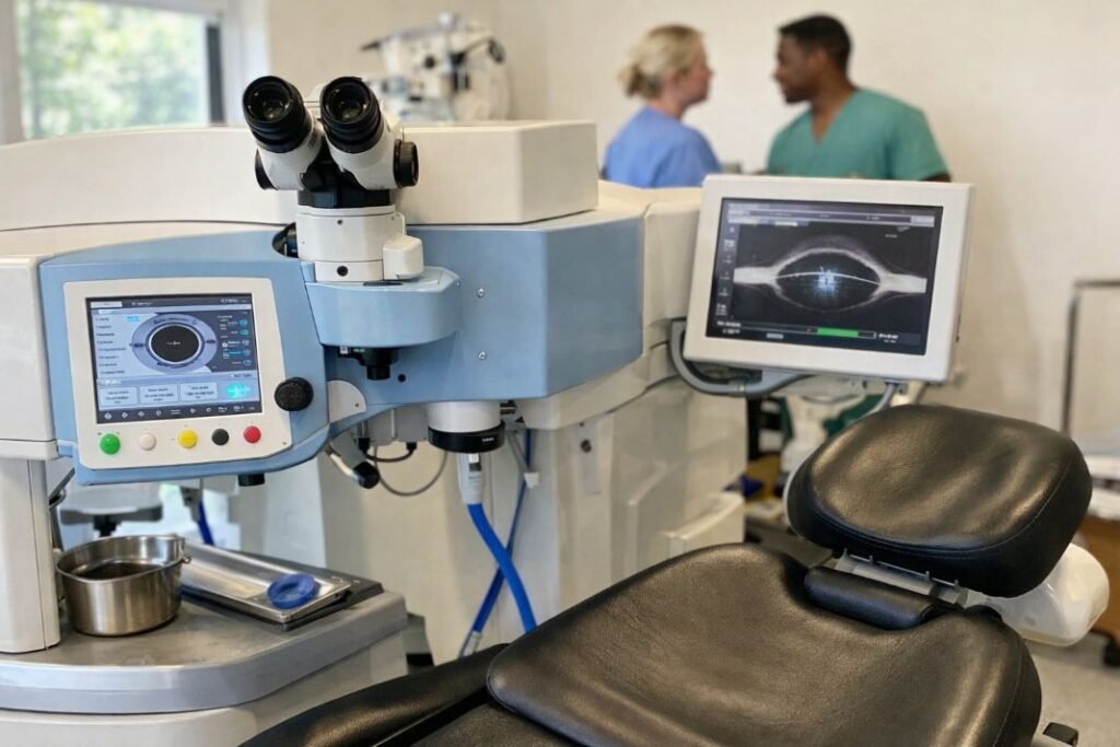 An illustrative image of a high tech laser eye surgery machine in a treatment room