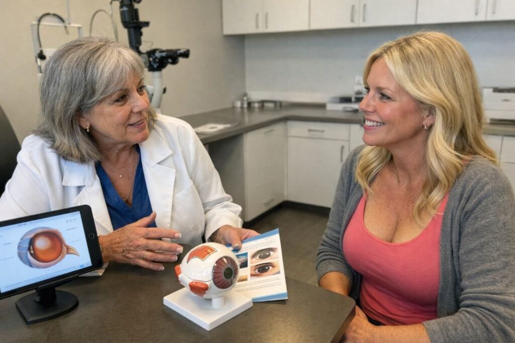An illustrative image of a laser eye specialist discussing eye surgery options