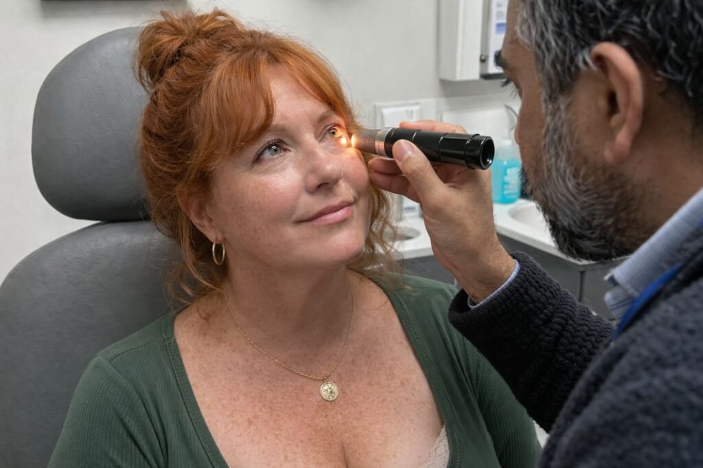 An illustrative image of a patient being examined with a handheld slit lamp torch by a consultant