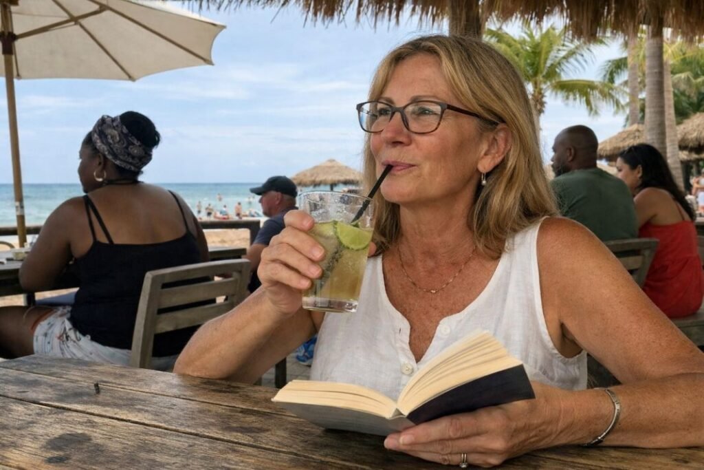 An illustrative image of a relaxed holiday setting at a beachfront cafe a woman in her fifties with glasses