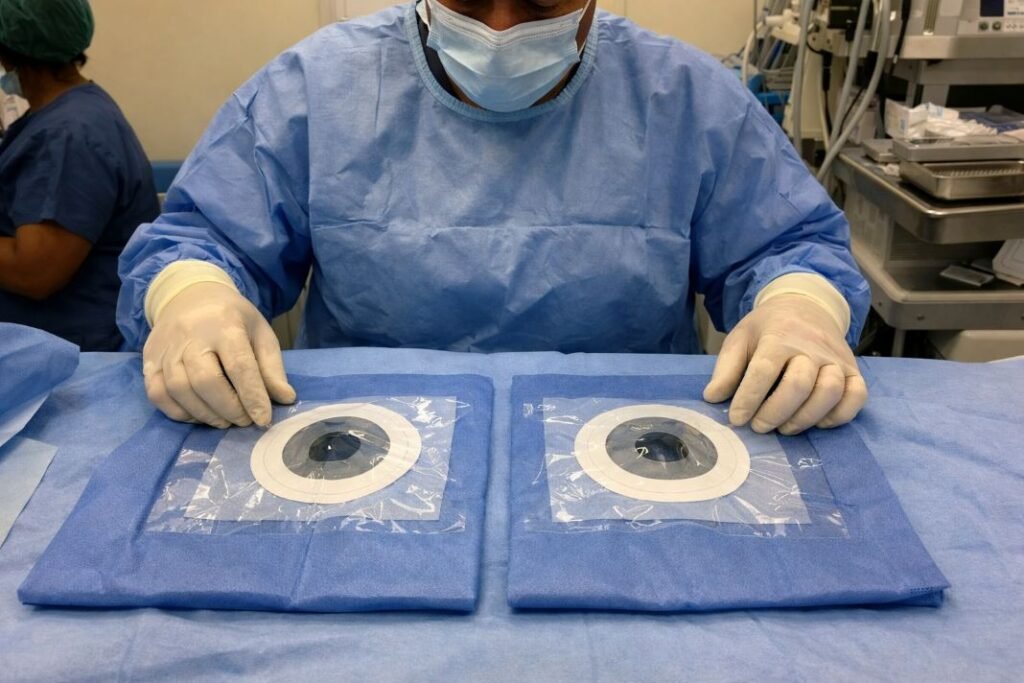 An illustrative image of a surgeon wearing a surgical mask and cap preparing two sterile eye drapes