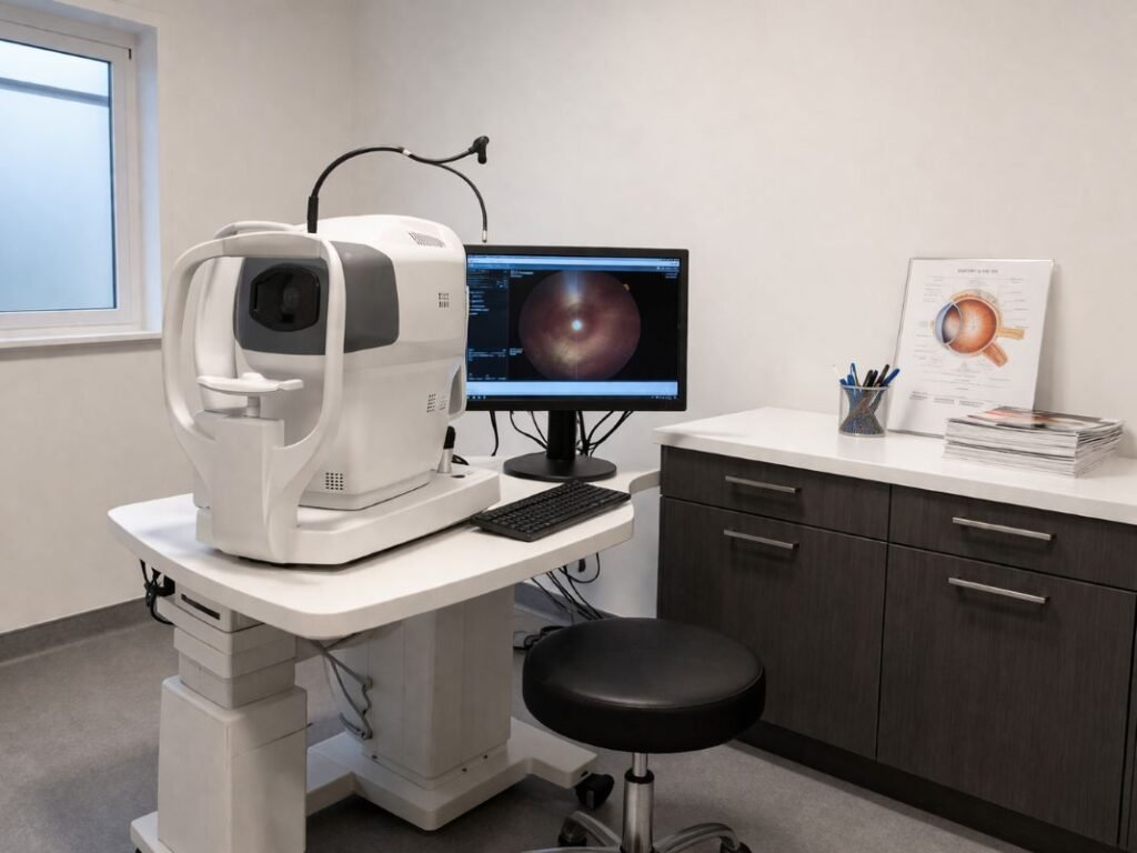 An illustrative image of a well lit clinic room with a diagnostic eye scanning machine set up