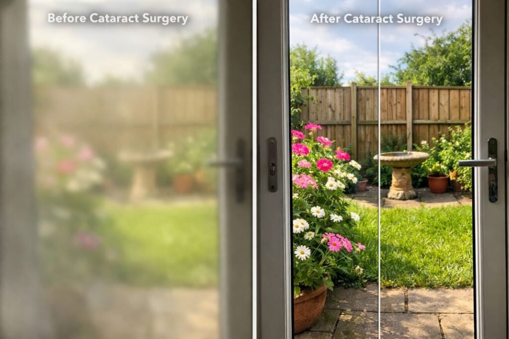 An illustrative image of before and after cataracts surgery
