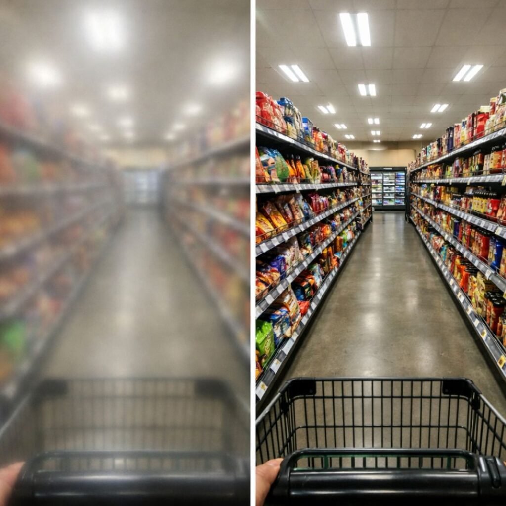 An illustrative image of before and after cataracts surgery whilst shopping