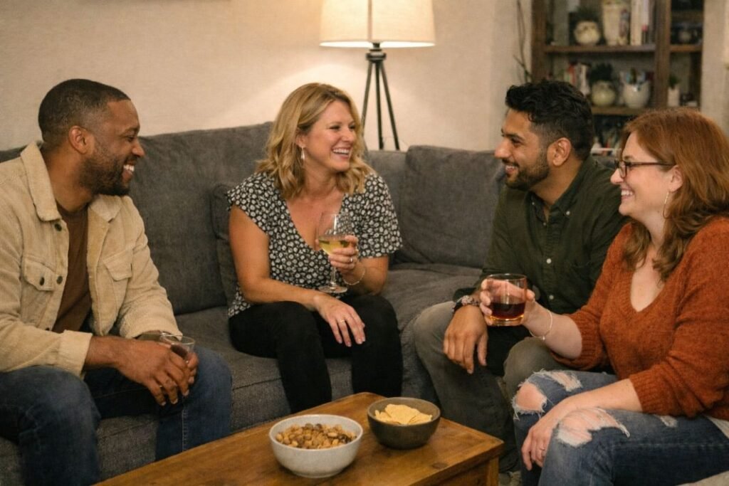 An illustrative image of people chatting some with glasses some without