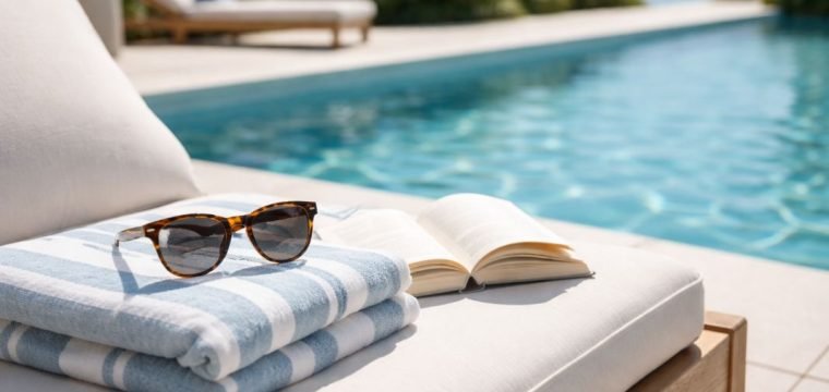An illustrative image of a bright poolside or leisure setting with sunglasses a towel and a book placed on a chair or lounger