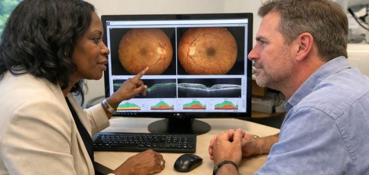 An illustrative image of a consultant and a patient reviewing digital scan images of eyes on a large computer screen