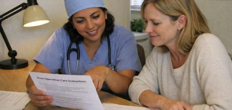 An illustrative image of a eye surgeon and patient reviewing post operative care instructions together at a desk